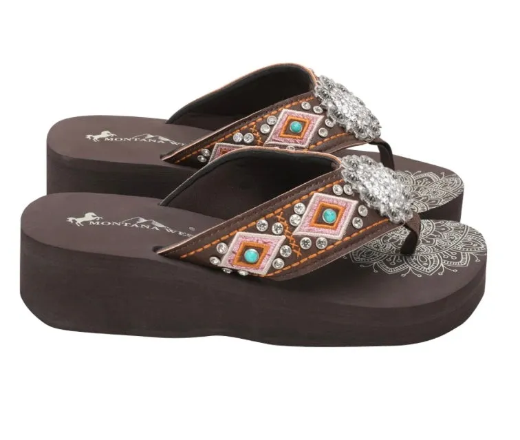 Mandala Silver Floral Rhinestones Concho Embroidered Wedge Flip-Flop