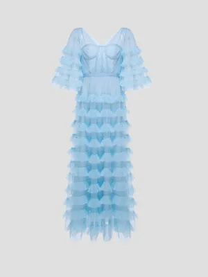 Marybell Tiered Tulle Gown in Blue