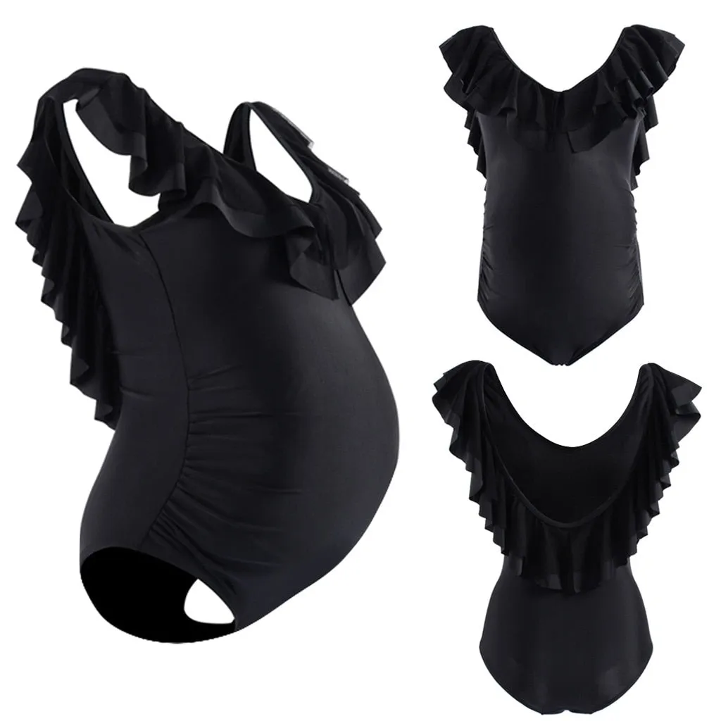 Maternity Ruffles Pure Color Beachwear Pregnant Women  Swimsuit