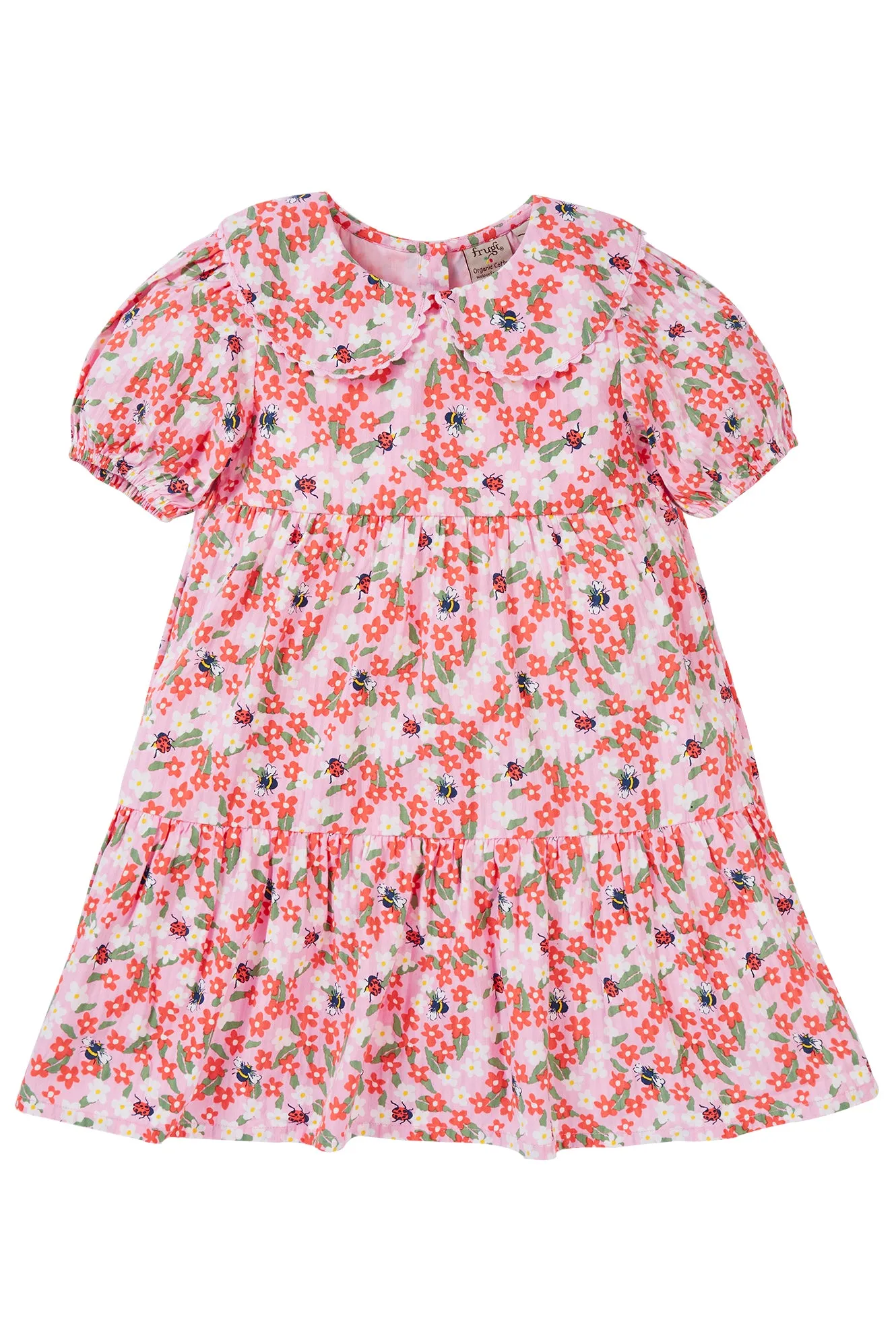 Matilda Collared Dress- Pink Bees and Flowers- Frugi Organic Clothing - Kid's Summer Clothing