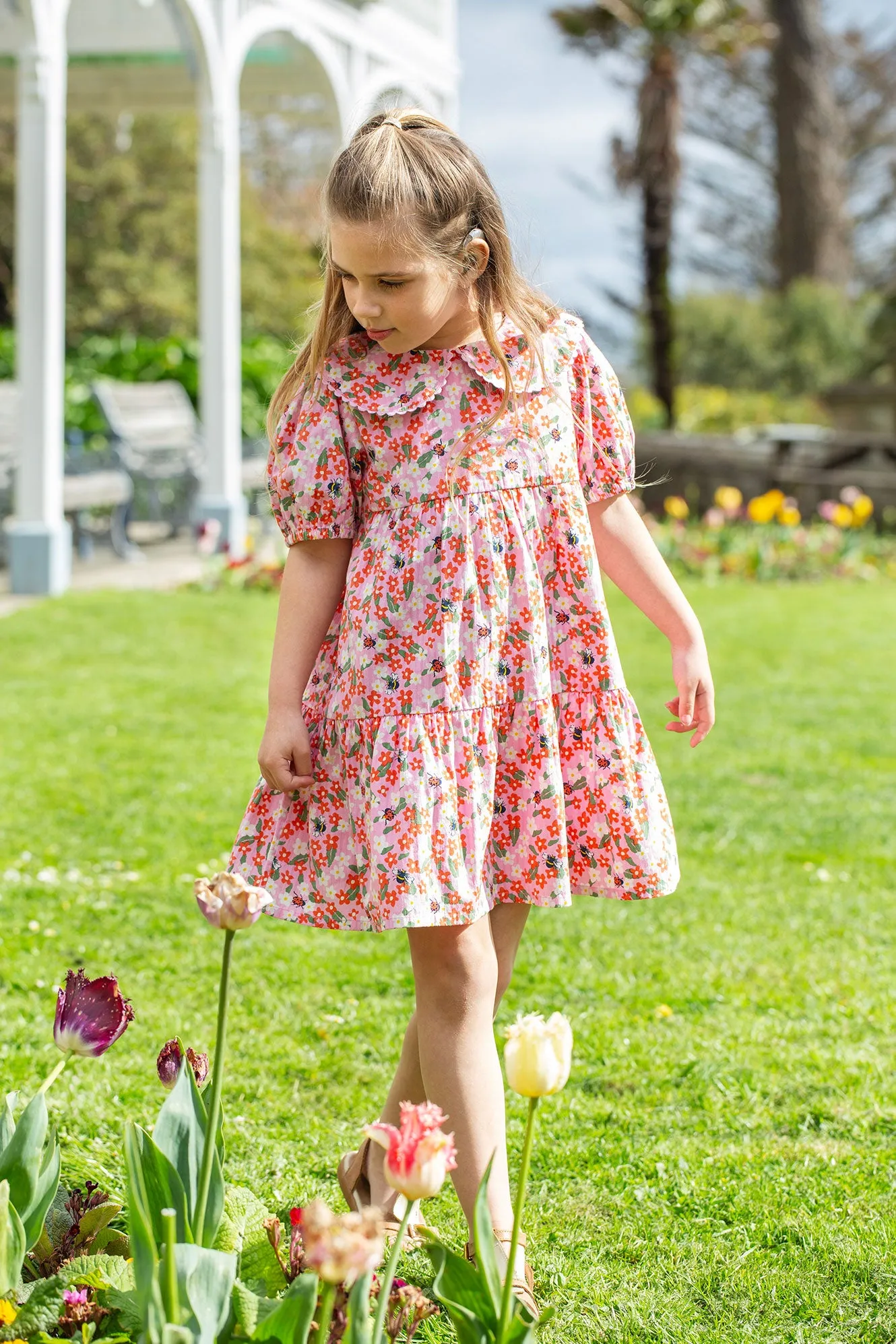 Matilda Collared Dress- Pink Bees and Flowers- Frugi Organic Clothing - Kid's Summer Clothing