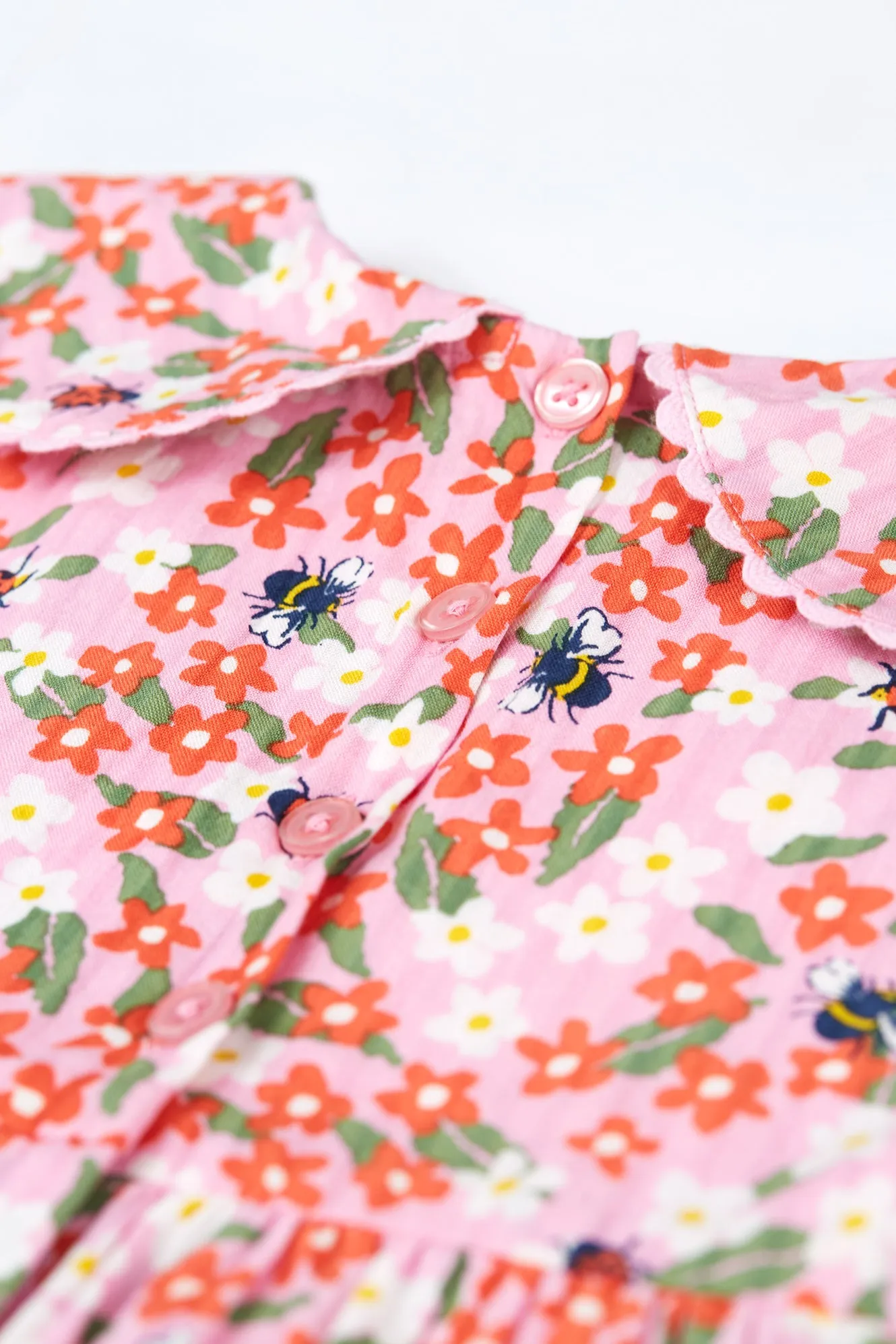 Matilda Collared Dress- Pink Bees and Flowers- Frugi Organic Clothing - Kid's Summer Clothing