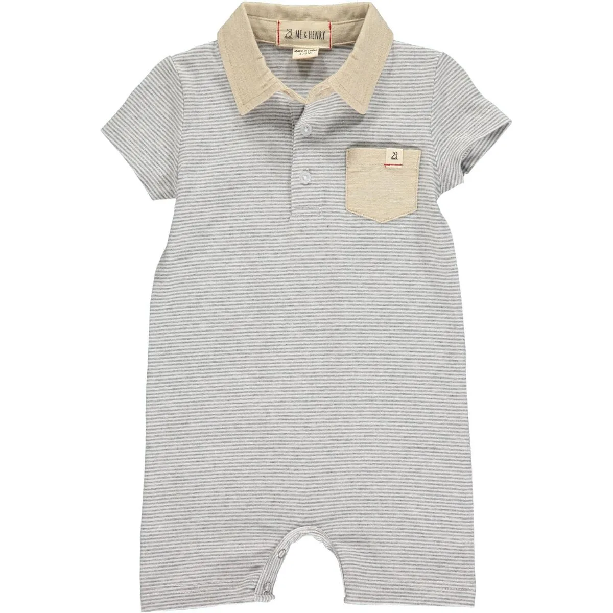 Me & Henry Saltash Polo Romper in Grey & White Stripe