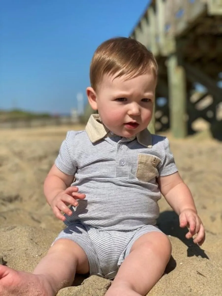 Me & Henry Saltash Polo Romper in Grey & White Stripe