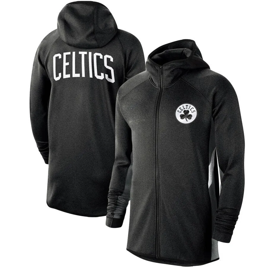 Men Boston Heathered Black Celtics Authentic Showtime Therma Flex Performance Full-Zip Hoodie