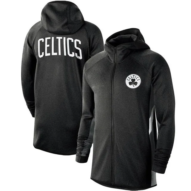 Men Boston Heathered Black Celtics Authentic Showtime Therma Flex Performance Full-Zip Hoodie