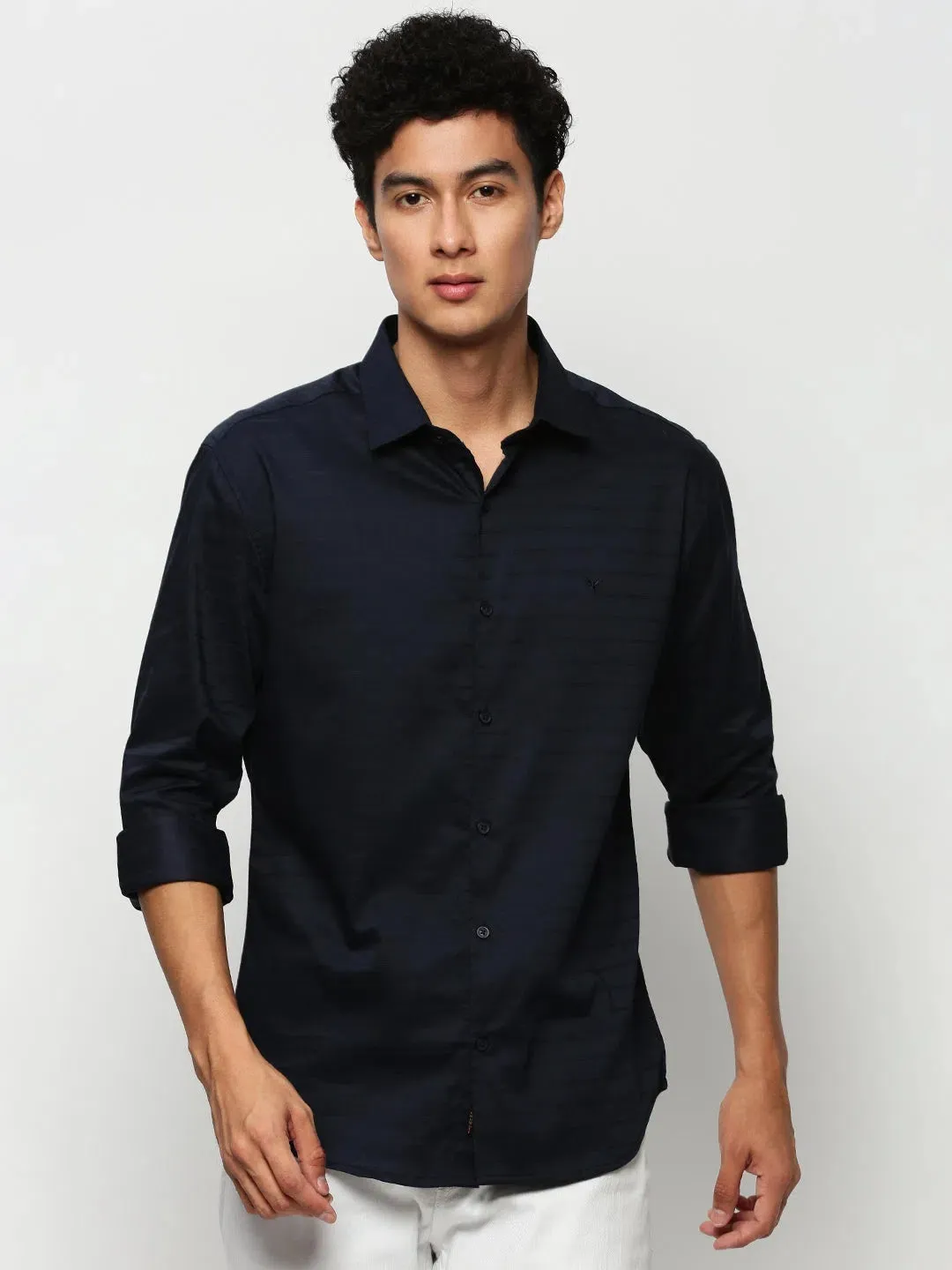 Men Navy Striped Casual Casual Shirts-TRUJETTWILL-5489-Navyblue