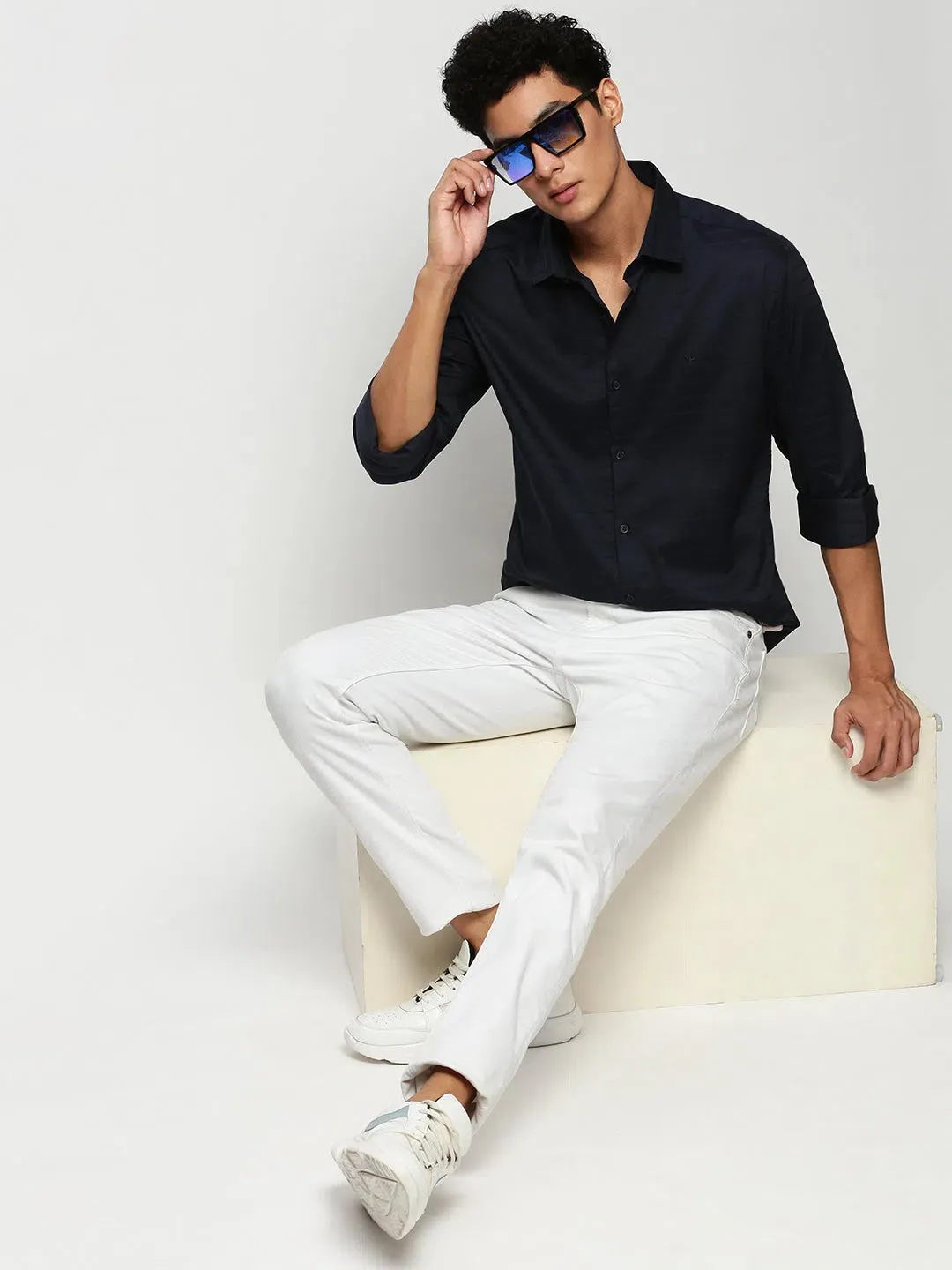 Men Navy Striped Casual Casual Shirts-TRUJETTWILL-5489-Navyblue