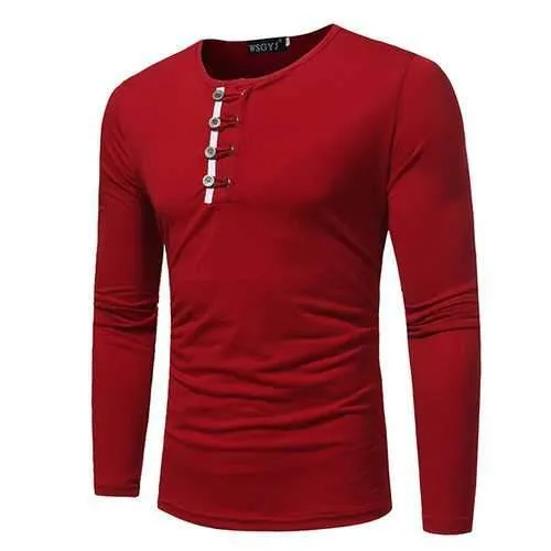 Mens Button Decoration Solid Color Casual Cotton T-shirt