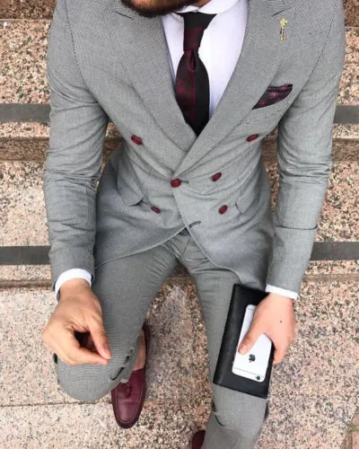Men's Grey Double Breasted Suit Up To 6XL(Jacket Pant)