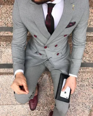 Men's Grey Double Breasted Suit Up To 6XL(Jacket Pant)