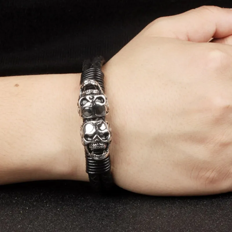 Men's Leather Cuff Skull Bracelet