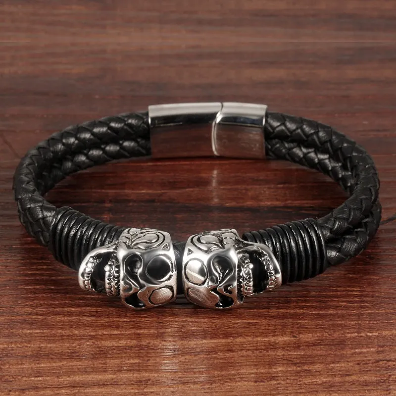 Men's Leather Cuff Skull Bracelet