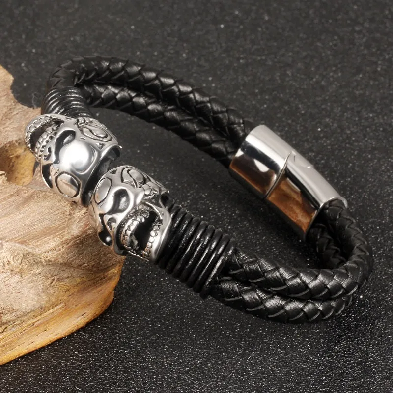 Men's Leather Cuff Skull Bracelet