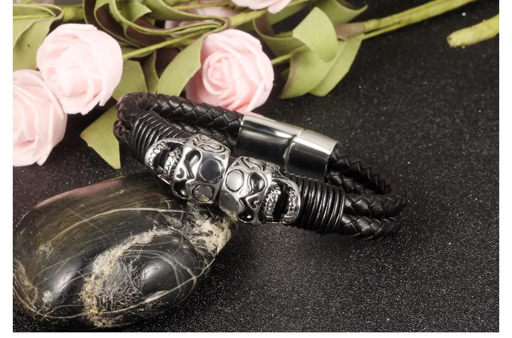 Men's Leather Cuff Skull Bracelet