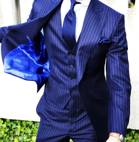 Men's Light Navy Blue Stripe 3 Piece Suit Up To 6XL(Jacket, Pants,Vest)