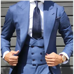 Men's Solid Blue 3 Piece Suit Up To Size 6XL