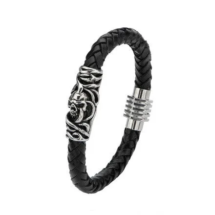 Men's Stainless Steel Skull Black Braided Leather Bracelet