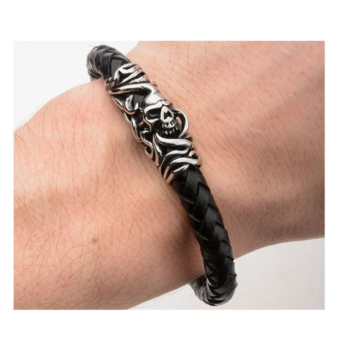 Men's Stainless Steel Skull Black Braided Leather Bracelet