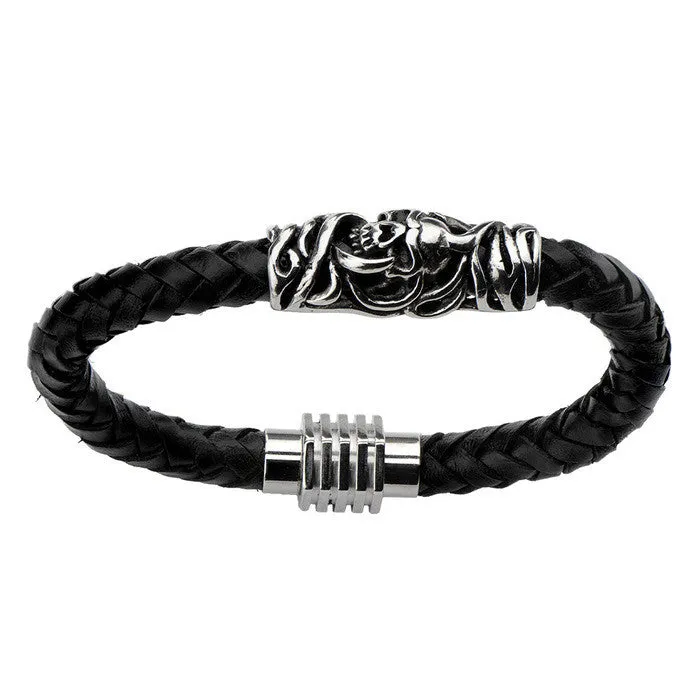 Men's Stainless Steel Skull Black Braided Leather Bracelet