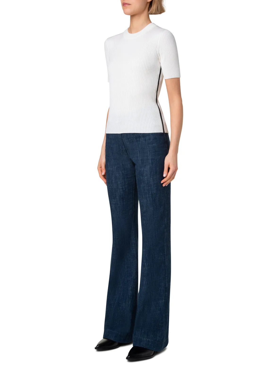 Merino Wool Knit Sweater with Contrast Piping