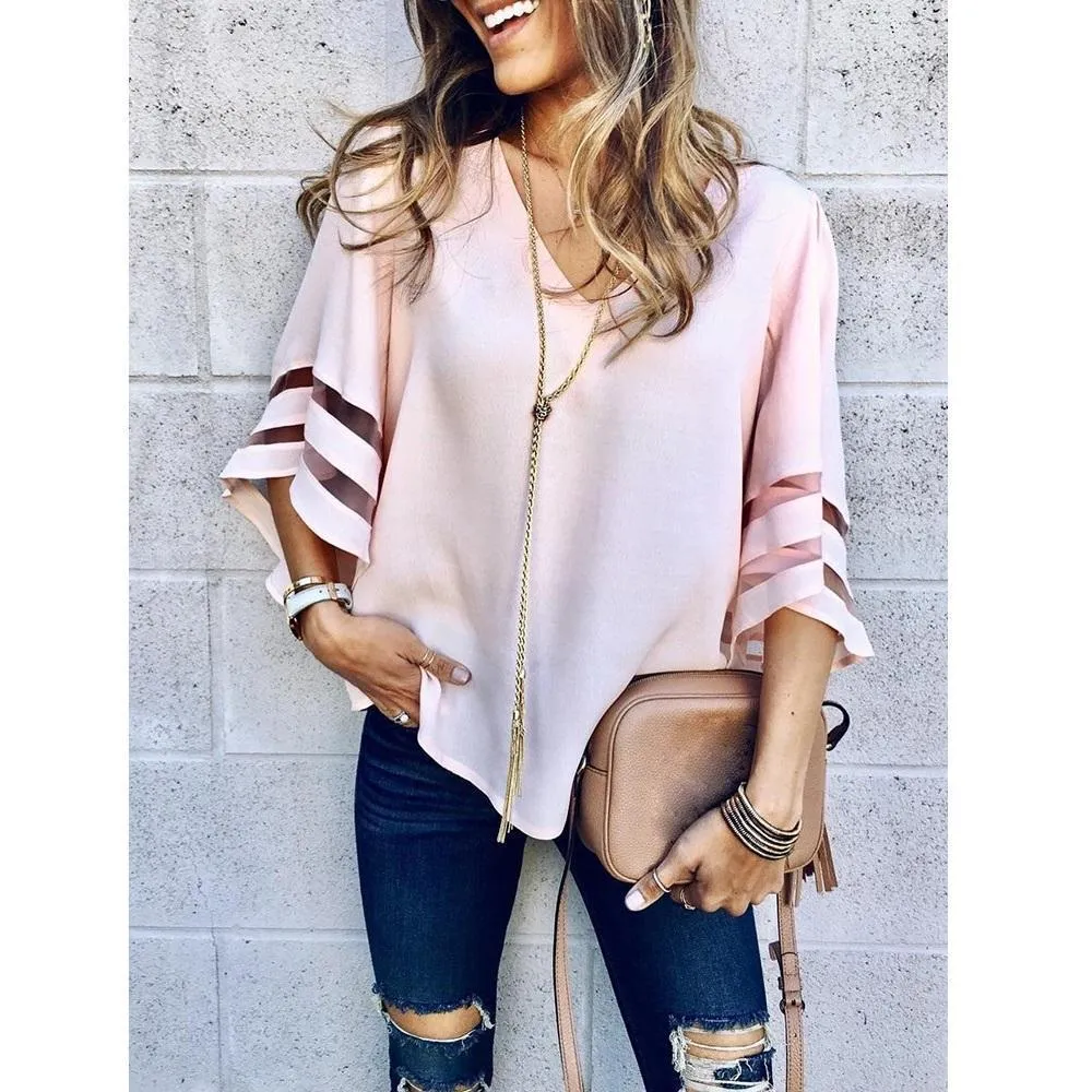 Mesh Patchwork 3/4 Sleeve Shirt