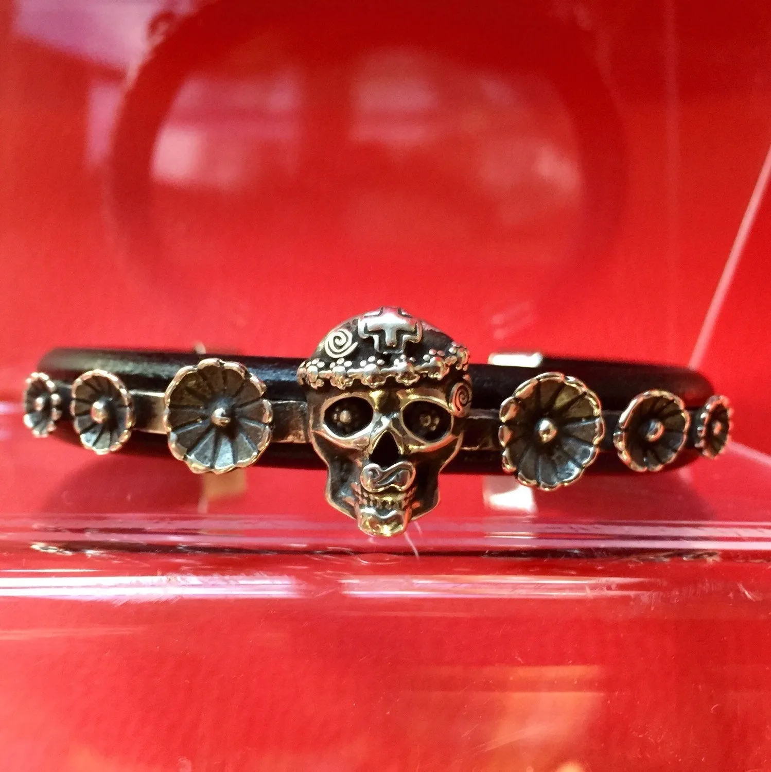 Mi Vida Loca Skull with Flowers Sterling  Silver Inlayed on Leather Cuff