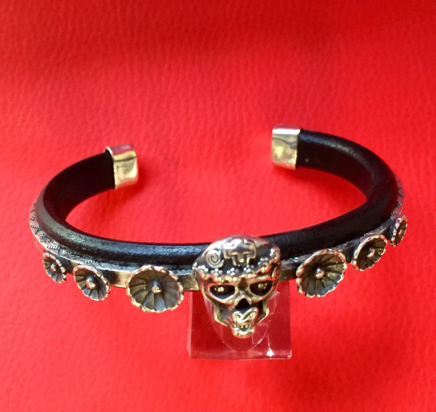 Mi Vida Loca Skull with Flowers Sterling  Silver Inlayed on Leather Cuff