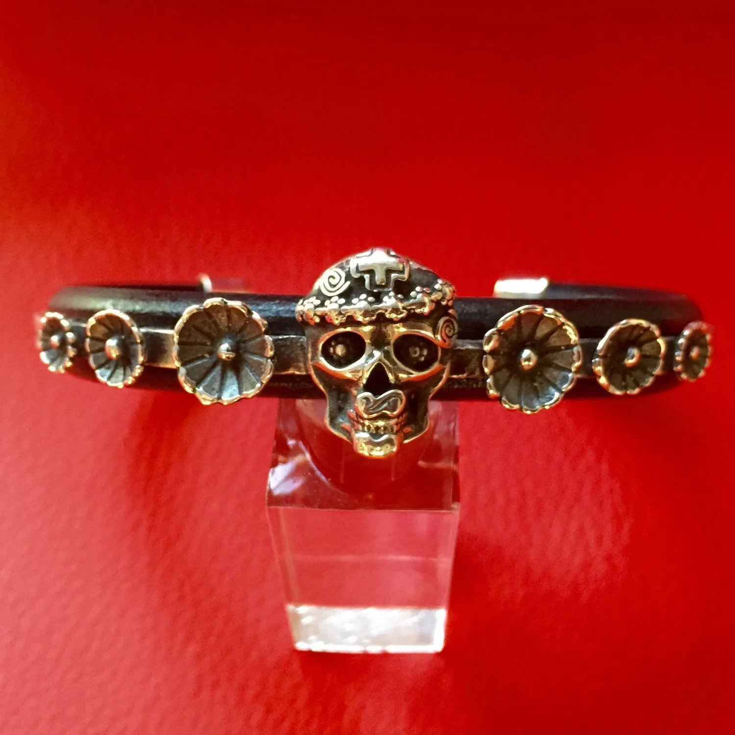 Mi Vida Loca Skull with Flowers Sterling  Silver Inlayed on Leather Cuff