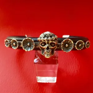 Mi Vida Loca Skull with Flowers Sterling  Silver Inlayed on Leather Cuff