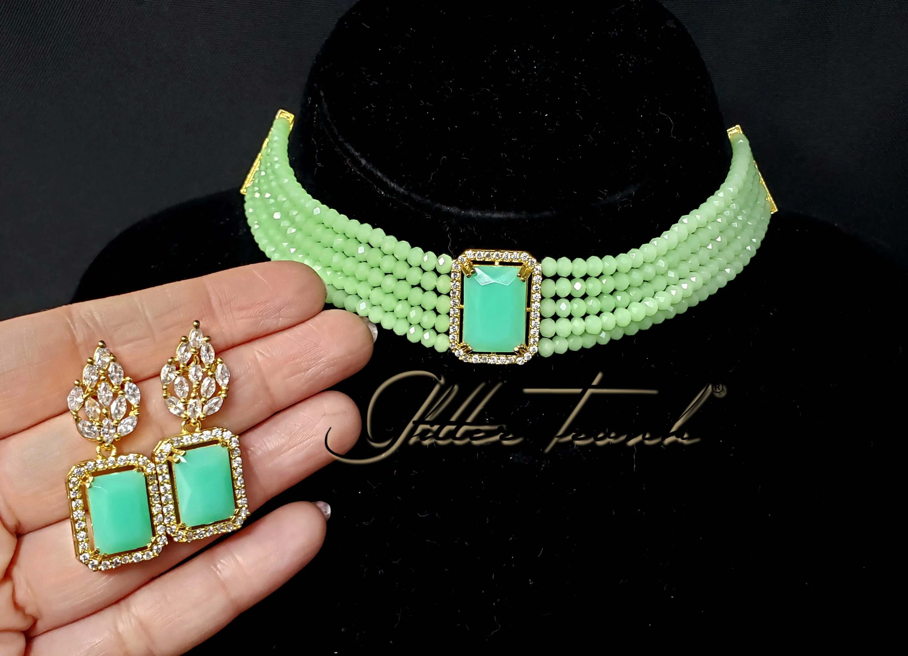 Mila Mint Stone Chokers with American Diamond