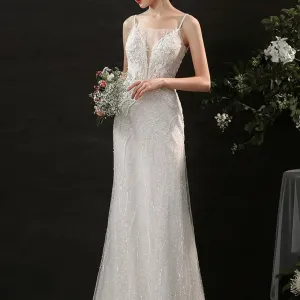 Minimalist beaded lace suspenders small tail open back light wedding dress