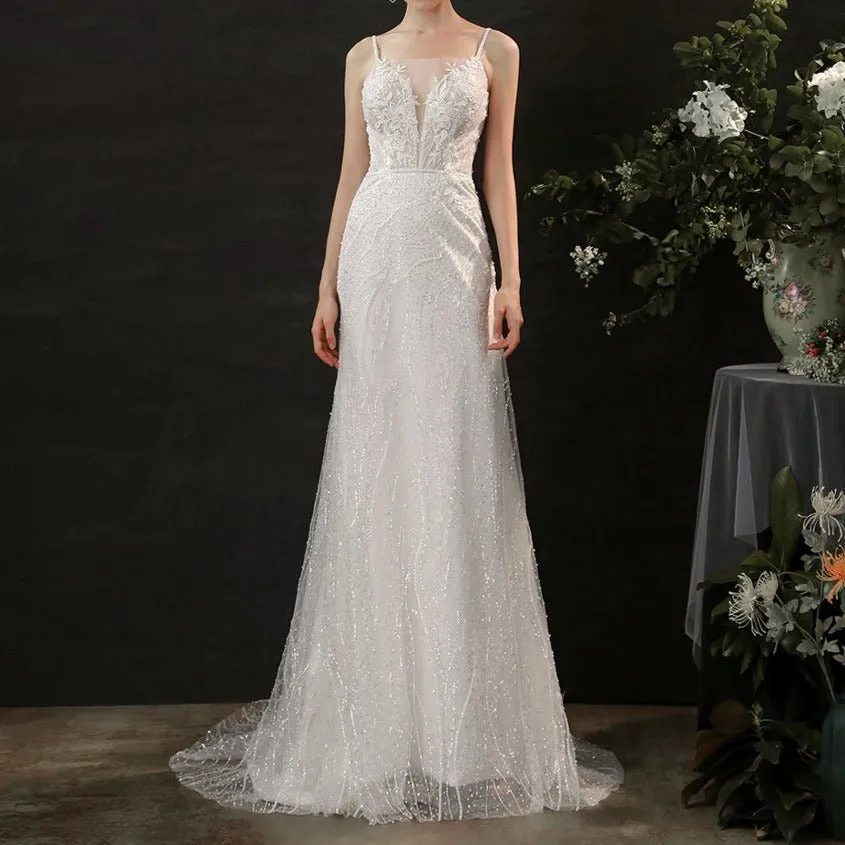 Minimalist beaded lace suspenders small tail open back light wedding dress