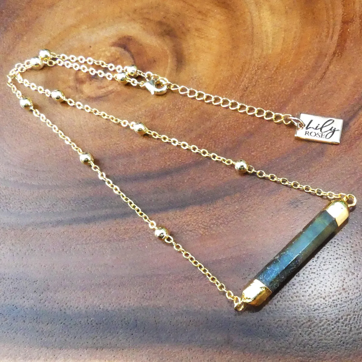 Minimalist Magician Wand Labradorite Bar Horizontal Pendant Choker 14"   2" Gold Necklace