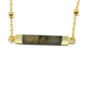 Minimalist Magician Wand Labradorite Bar Horizontal Pendant Choker 14"   2" Gold Necklace