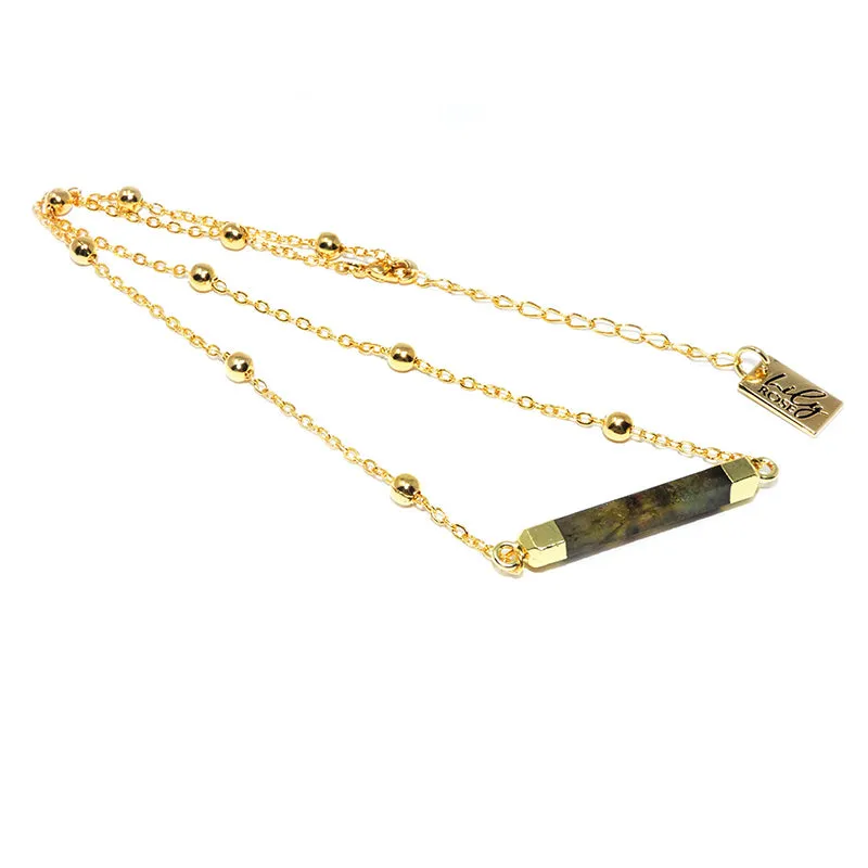 Minimalist Magician Wand Labradorite Bar Horizontal Pendant Choker 14"   2" Gold Necklace