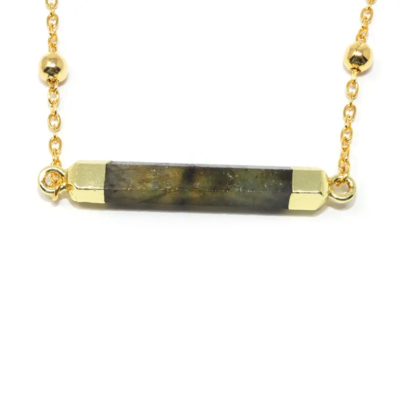 Minimalist Magician Wand Labradorite Bar Horizontal Pendant Choker 14"   2" Gold Necklace