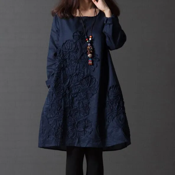 Mori Girl Autumn Artsy Embroidery Dress O Neck Long Sleeve Loose Blue Light Blue Wine Red Casual Dress AF163