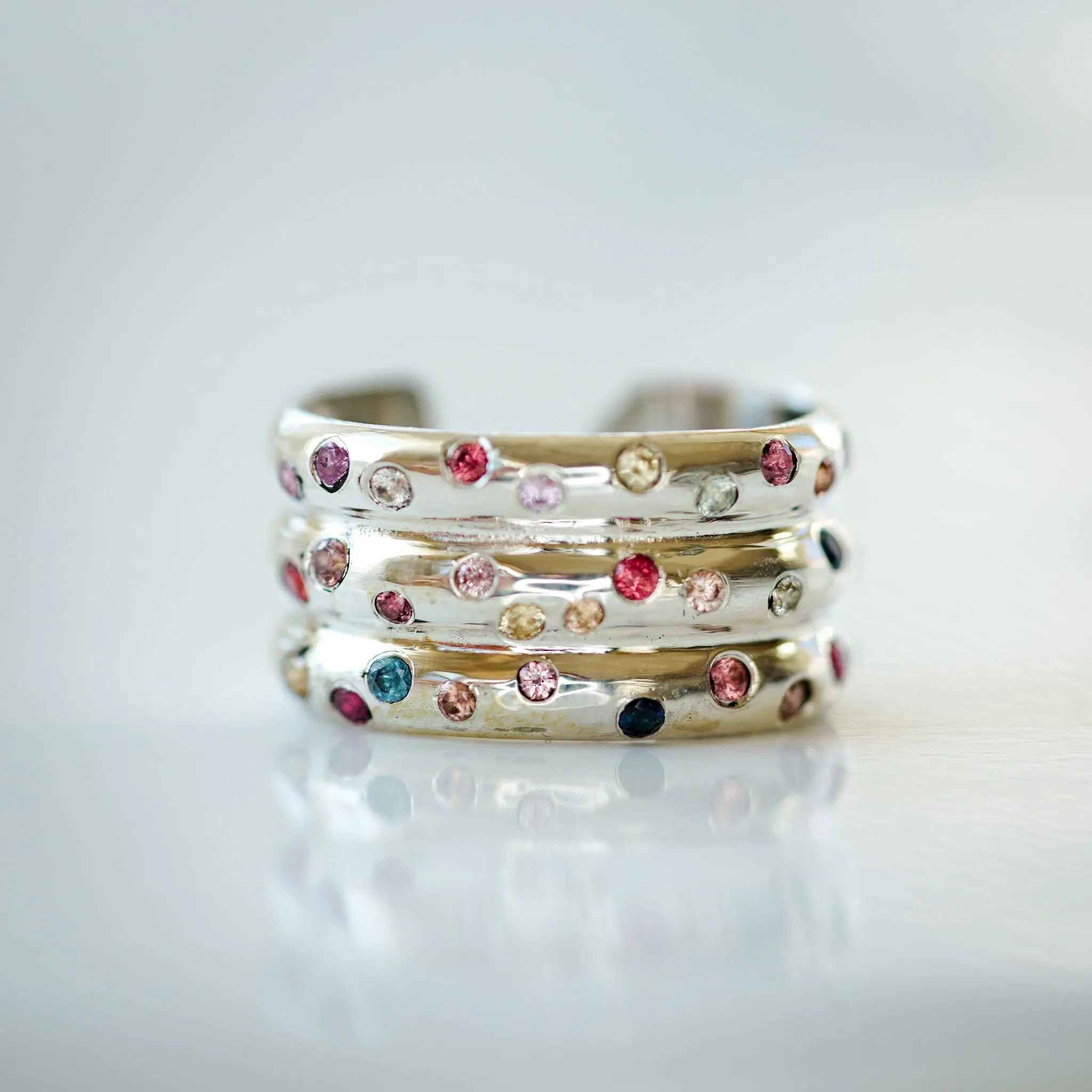 Multicolor Sapphire 3-Row Silver Ear Cuff – A Dazzling Statement Piece
