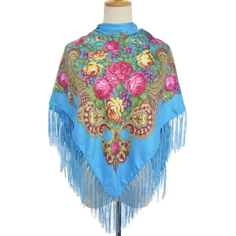 Muslim Women's Autumn Winter Pullover Scarf Cotton Printed Fringe Multifunctional Square Scarf Ethnic Wind Sand-proof Shawl Embroidery Tassels Scarves