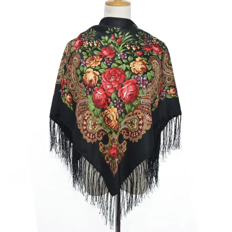 Muslim Women's Autumn Winter Pullover Scarf Cotton Printed Fringe Multifunctional Square Scarf Ethnic Wind Sand-proof Shawl Embroidery Tassels Scarves