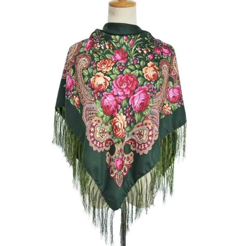 Muslim Women's Autumn Winter Pullover Scarf Cotton Printed Fringe Multifunctional Square Scarf Ethnic Wind Sand-proof Shawl Embroidery Tassels Scarves