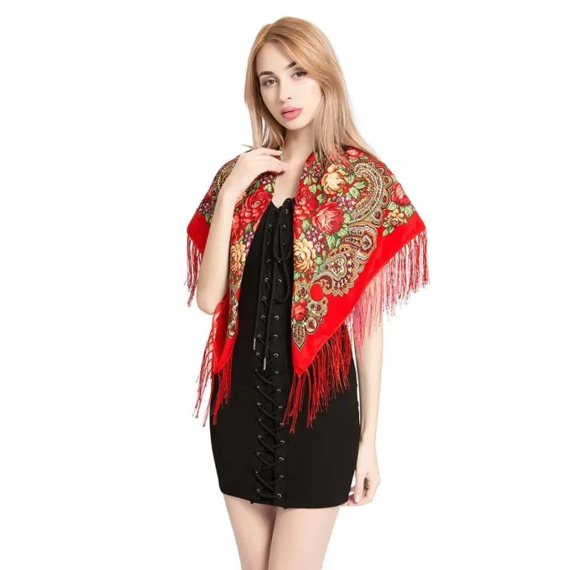 Muslim Women's Autumn Winter Pullover Scarf Cotton Printed Fringe Multifunctional Square Scarf Ethnic Wind Sand-proof Shawl Embroidery Tassels Scarves
