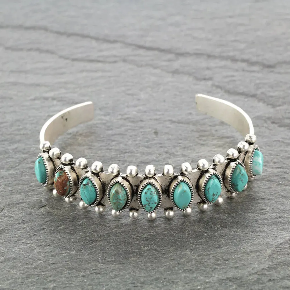 Native Antique Silver Color Natural Stone Bracelet