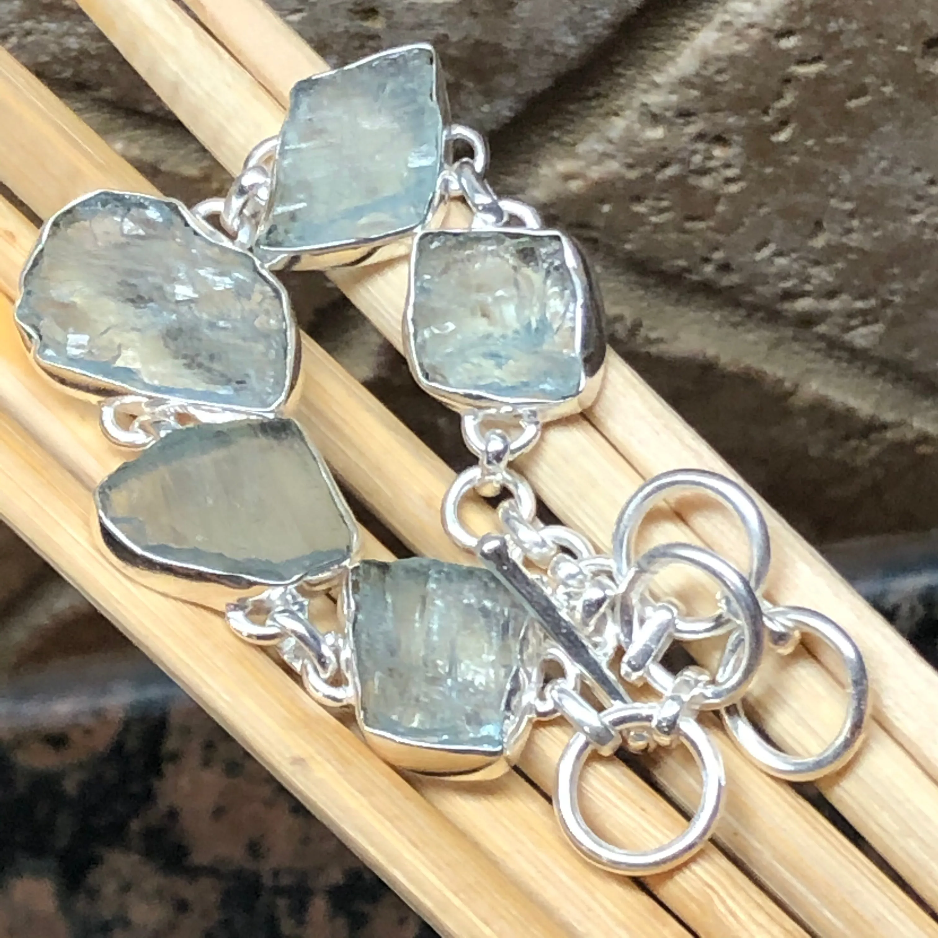 Natural Blue Aquamarine 925 Solid Sterling Silver Bracelet 7""