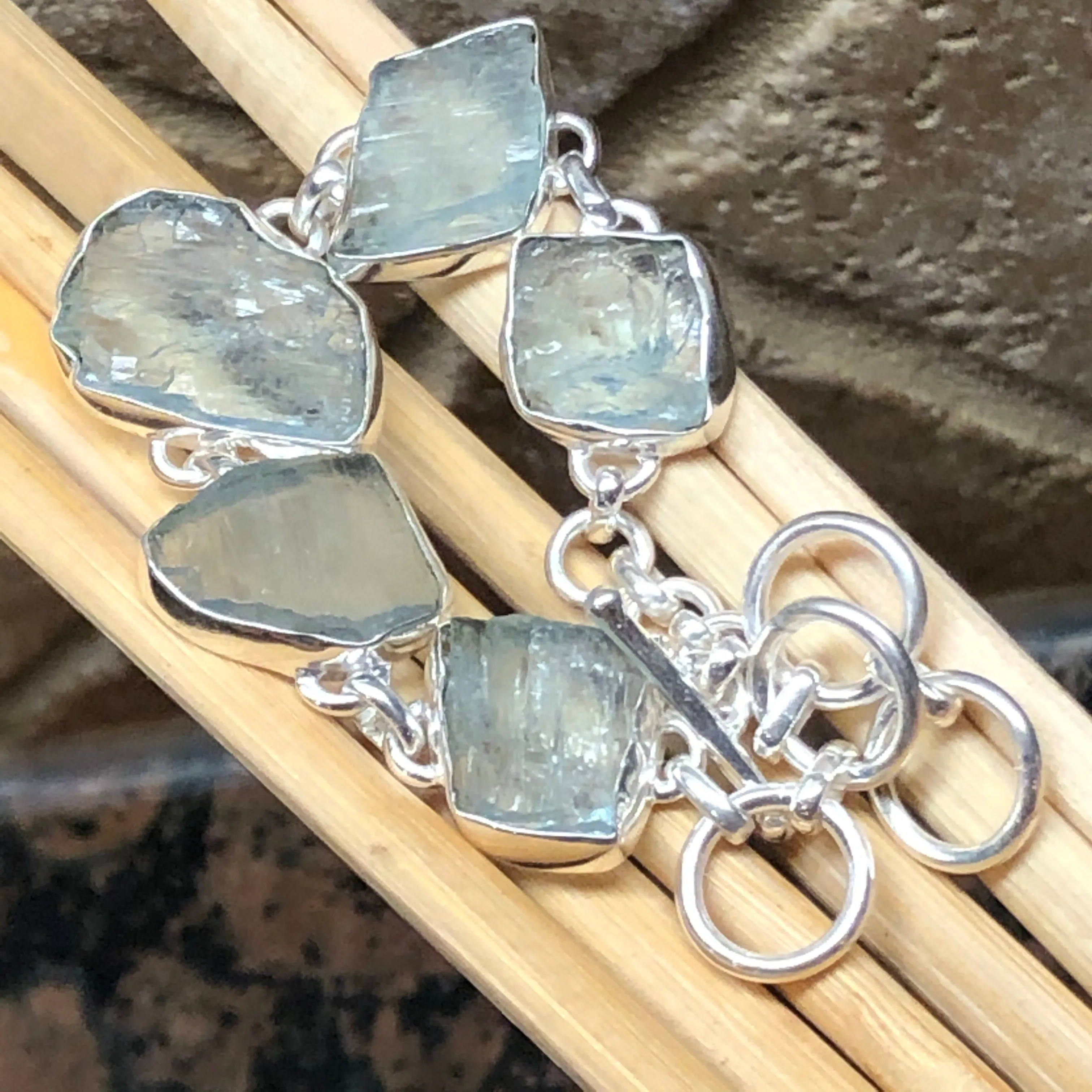 Natural Blue Aquamarine 925 Solid Sterling Silver Bracelet 7""