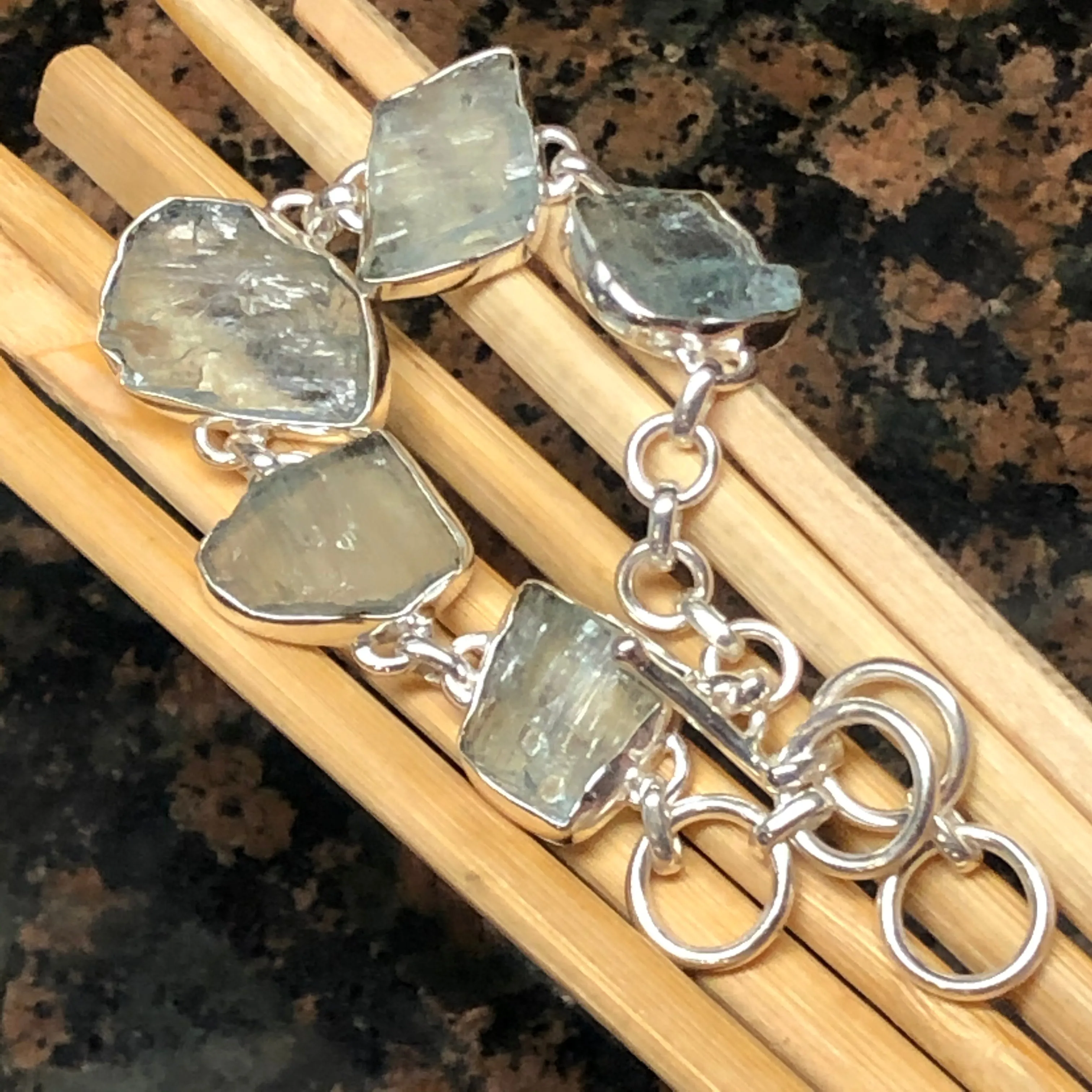 Natural Blue Aquamarine 925 Solid Sterling Silver Bracelet 7""