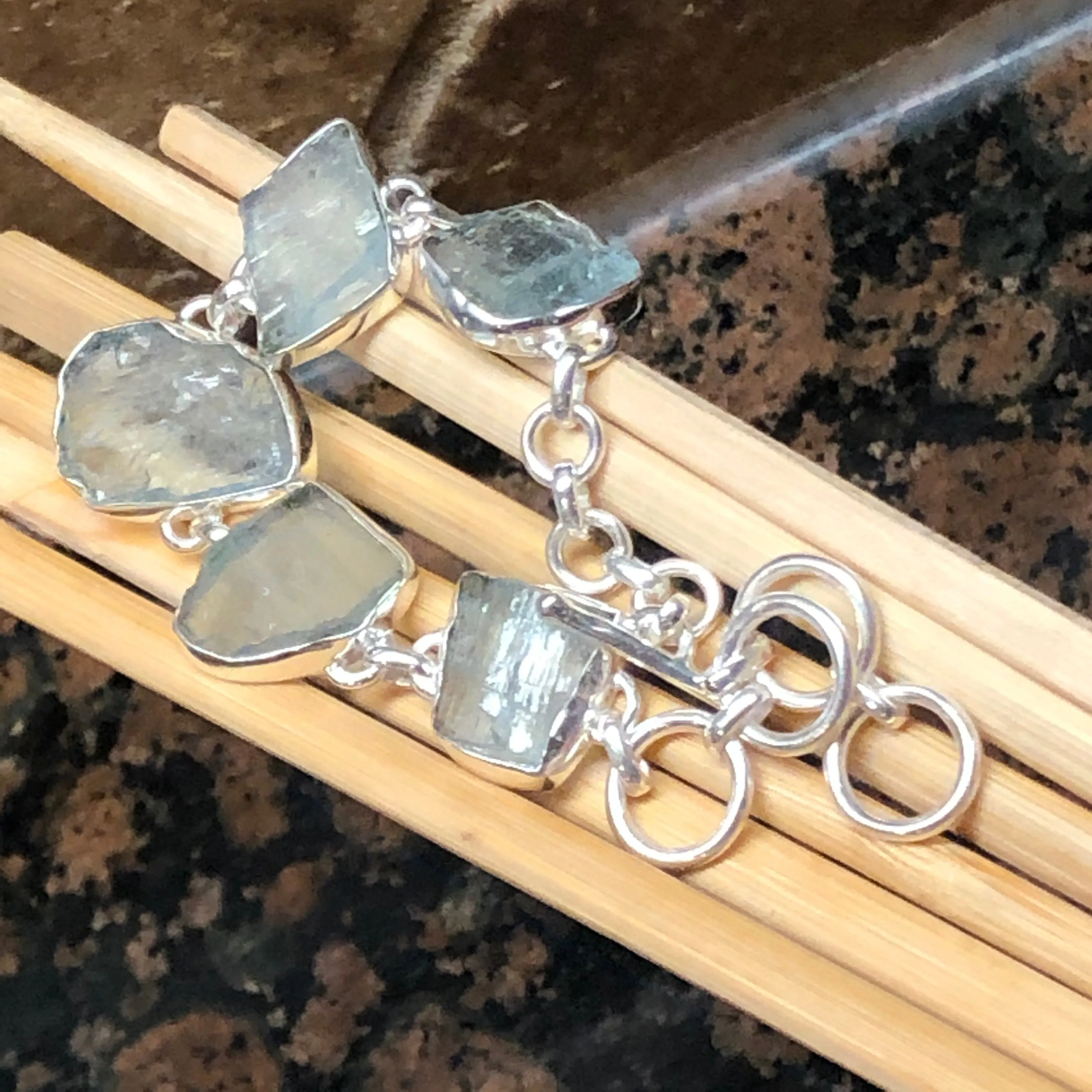 Natural Blue Aquamarine 925 Solid Sterling Silver Bracelet 7""