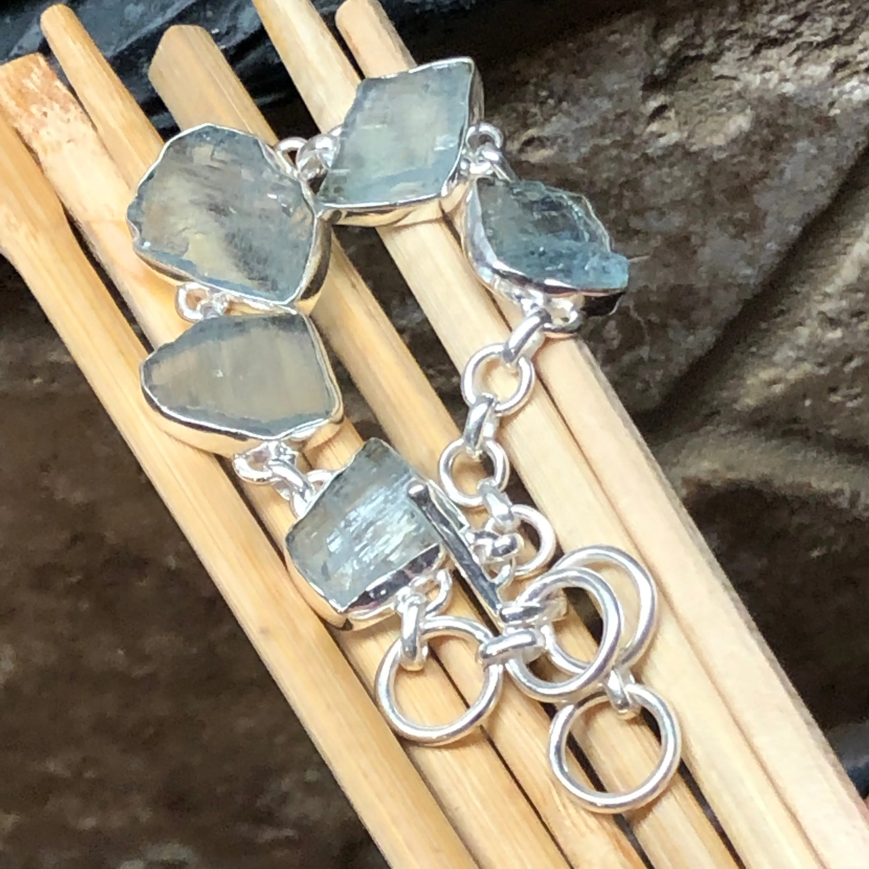 Natural Blue Aquamarine 925 Solid Sterling Silver Bracelet 7""