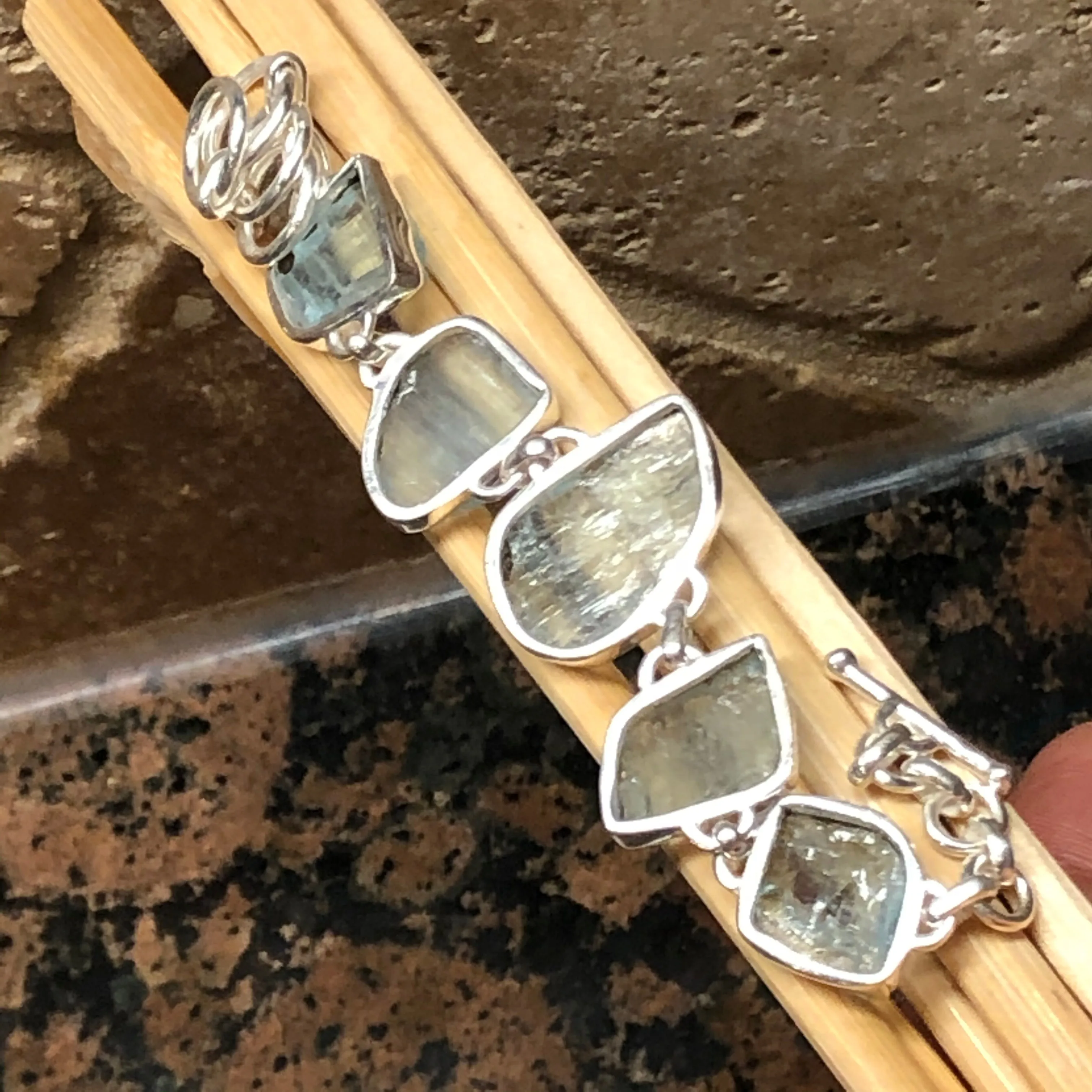 Natural Blue Aquamarine 925 Solid Sterling Silver Bracelet 7""
